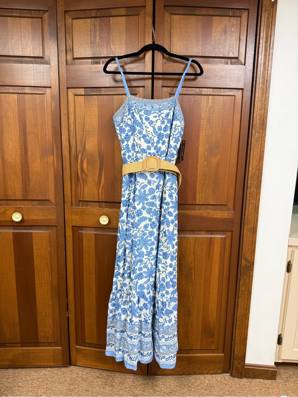 Taylor Blue and White Floral Maxi Dress with Tan Belt